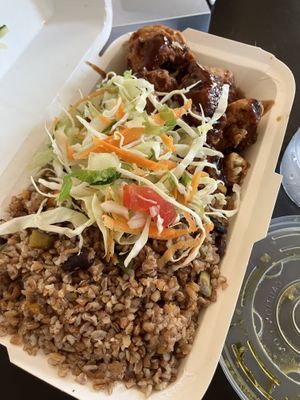 bbq cauli wings, bulgar rice + veg  at A Vegan's Utopia in Montego Bay