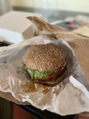 IRIE JERK Burger. Listen here, IT TASTES BETTER than it looks! A+  at A Vegan's Utopia in Montego Bay