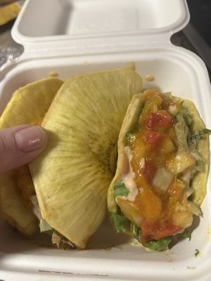 Breadfruit tacos 🌮 seasonal, do not miss these!!!   at A Vegan's Utopia in Montego Bay