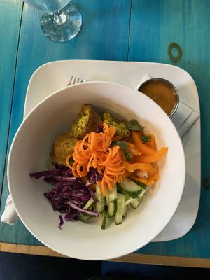 Indian rice bowl with delicious coconut curry dressing   at Knocks Cafe in Sussex
