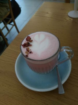 Rose, cardamom and dragon fruit latte with coconut milk: pretty, but that's it. at Ground to Grow in Paris
