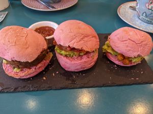 Vegan breakfast sliders on homemade beetroot buns at Cup Tea Salon in Aberdeen