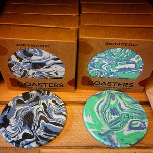 Coasters made from plastic waste. Turning rubbish into something beautiful and useful! at Planetamica in Narberth