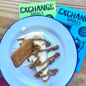 Vegan new york style cheesecake with biscoff (can be swapped for an oreo and deliciously rich chocolate sauce) at Exchange in Bristol
