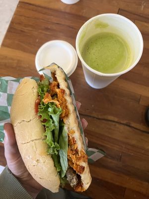 Chilaquiles sandwich and green juice   at Citronella in Oaxaca