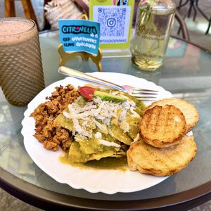 Chilaquiles with soy protein and banana cacao smoothie   at Citronella in Oaxaca