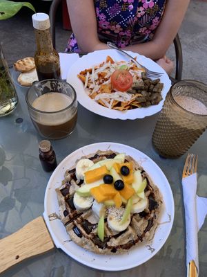 Waffle and chilaquiles rojo with milanesa    at Citronella in Oaxaca