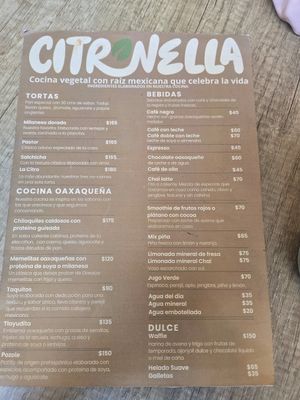Menu at Citronella in Oaxaca
