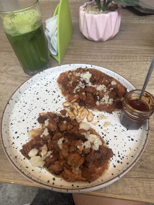 Memelitas. There was 3 but I had already eaten one. Soya protein was great:)  at Citronella in Oaxaca