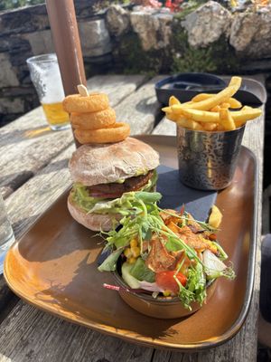 Blencathra mountain burger in the sunshine !  at White Horse Inn in Keswick