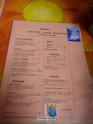 Menu at Parvati in San Cristobal De Las Casas
