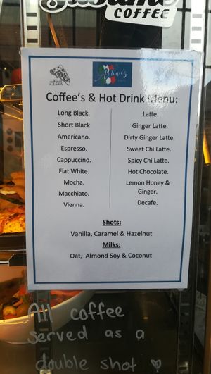Coffee menu with variety of plant milks available at Antonio's Cafe in Palmerston North