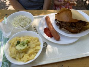 Cabbage salad, potato salad, ‘Ox roll’ and sausage   at Taxisgarten in Munich
