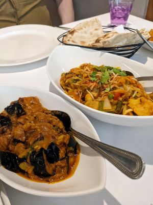 Vegan aubergine bhaji (left) and vegan curry (right) at Ghandi Indian Restaurant in Winchester