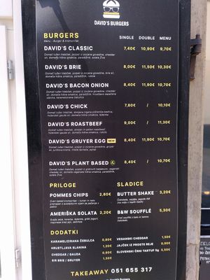Menu at David's Burgers in Maribor
