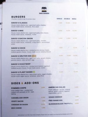 Menu at David's Burgers in Maribor