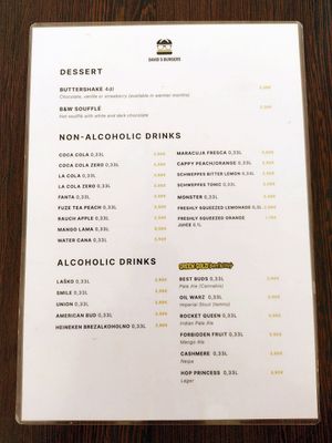 Menu at David's Burgers in Maribor