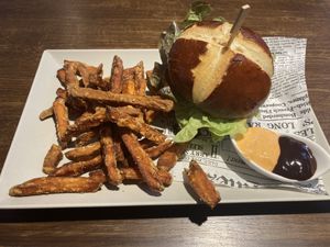 Vegan burger with sweet potato fries    at David's Burgers in Maribor