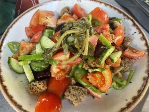 My Vegan Greek salad w/out onion, oil and feta. Special order!  at Aktaion in Rhodes