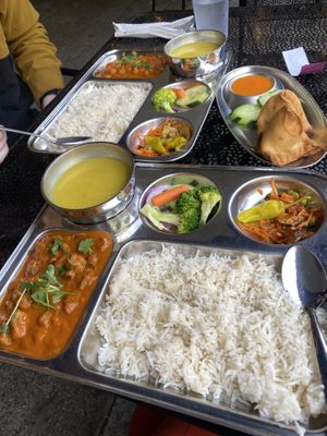 chana and mushroom thalis with samosas  at Wildberry Restaurant in Ashford