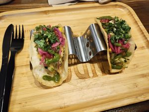 Vegetable tacos made vegan by leaving off cheese and crema good but a bit bland without salsa at Turco Taco in Naples