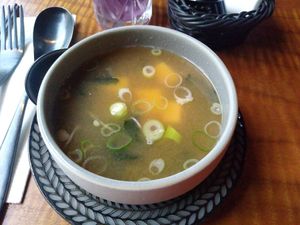 Miso soup at Mido Sakura Vegan in Berlin