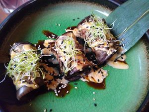 Eggplant rolls filled with nuts at Mido Sakura Vegan in Berlin
