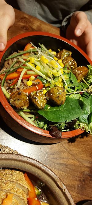 Soba noodle bowl with vegetable balls at Mido Sakura Vegan in Berlin