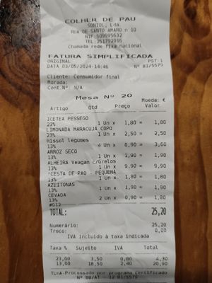 Receipt at Colher de Pau in Viana Do Castelo
