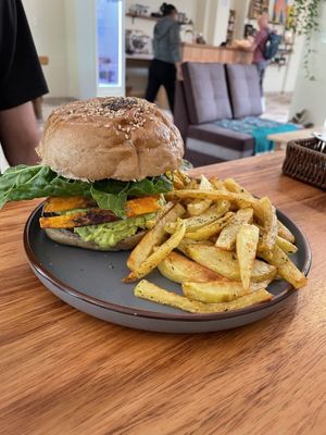 Black bean burger  at El Café Feliz in Pisac