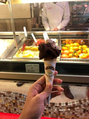 Hazelnut and chocolate gelato in a vegan cone  at Perche No in Florence