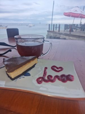 Peanut butter raw cheesecake and a ginger tea at LeMo Beach Café in Denpasar