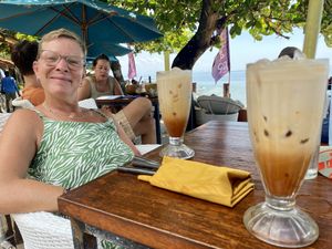 Fantastic oat mylk caramel no-coffee lattes  at LeMo Beach Café in Denpasar