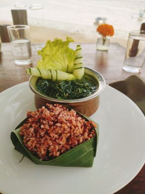Moringa Soup & red rice, delicious at LeMo Beach Café in Denpasar