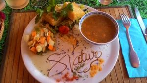 Menu: Polenta, jewish soup, salad. at Saveurs Nature in Perpignan