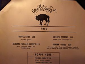 The only food/menu that I saw during a visit at the end of July 2023 at Proletariat in New York City