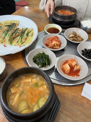 Soy bean paste stew and green onion pancakees  at Korean Soy Silken Tofu 우리콩순두부 in Busan