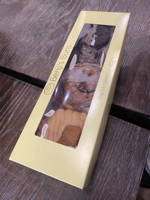 Box of three cinnamon buns  at Benji's Buns in West London