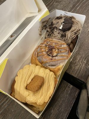 Box of three cinnamon buns  at Benji's Buns in West London