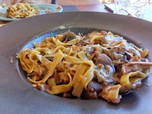 The mushroom linguini was delicious.  at Enhorio in Samos