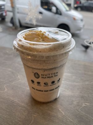 black sesame mylk with original nut cream  #Veganuary at Nuttea in Vancouver