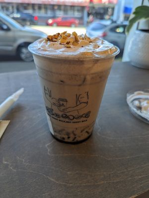 Black sesame nut mylk with nut cream and brown sugar jelly at Nuttea in Vancouver