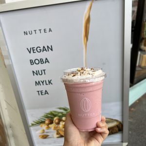 Strawberry smoothie with nut cream  at Nuttea in Vancouver