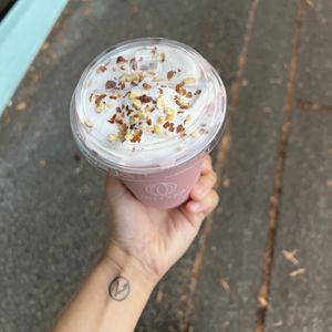Strawberry smoothie with nut cream  at Nuttea in Vancouver
