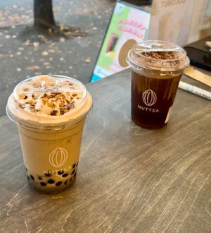  Black sesame milk tea with nut cream and Earl grey milk tea with chocolate cream at Nuttea in Vancouver