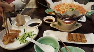 Various dishes. The left was their version of Peking duck. at Gan Ye Zi Hotpot - Frankie's Kitchen in Shanghai