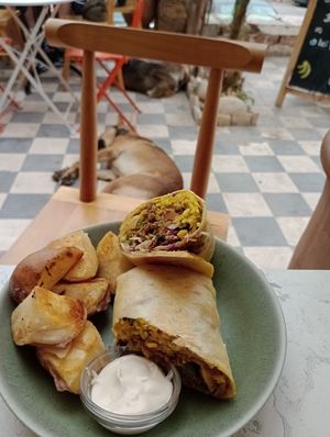 Burrito and street dogs at Redclay Cafe in Taghazout