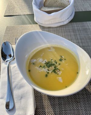 Half board: delicious carrot coconut soup  at Hotel Klausen Pass in Unterschaechen