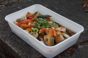 H10 Pad Khing (with ginger, carrots, celery, onion, leek, and red pepper) with tofu (vegan) at Noi's Thai Imbiss in Saarbrucken