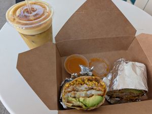 Breakfast burrito and iced golden milk at Vida Pura in East Los Angeles